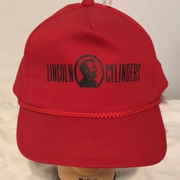 VINTAGE Lincoln Cylinders Red Snapback Mens Trucker Hat Baseball Cap w/ Cord New - Picture 2 of 6
